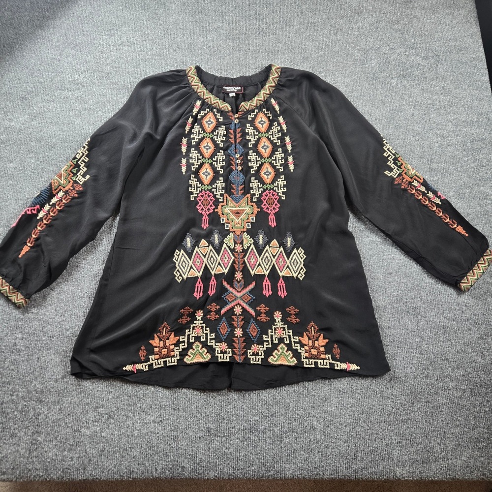 Johnny Was Workshop Silk Tunic Women XS Black Exc Embroidered Boho